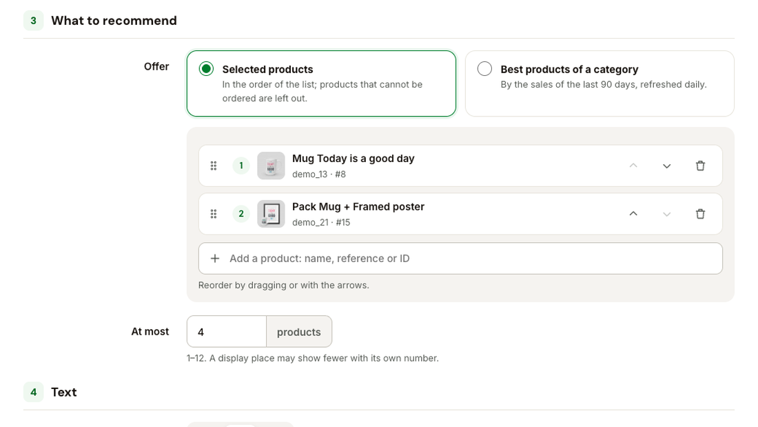 Cross-sell rule: the ordered list of related products