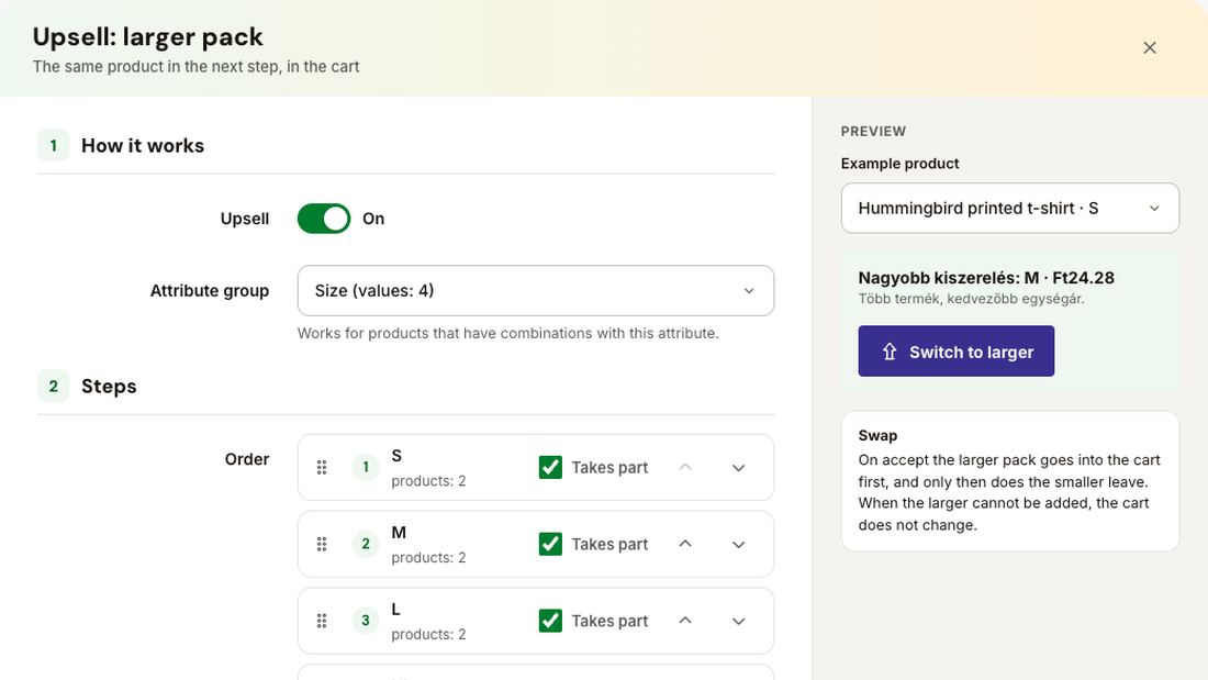 Upsell settings: the steps of the larger pack with a preview