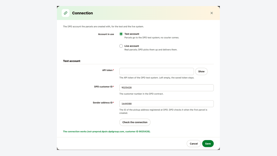 Connexion du compte DPD : compte de test ou de production, jeton API, identifiant client et identifiant de l’adresse d’expédition, vérification de la connexion