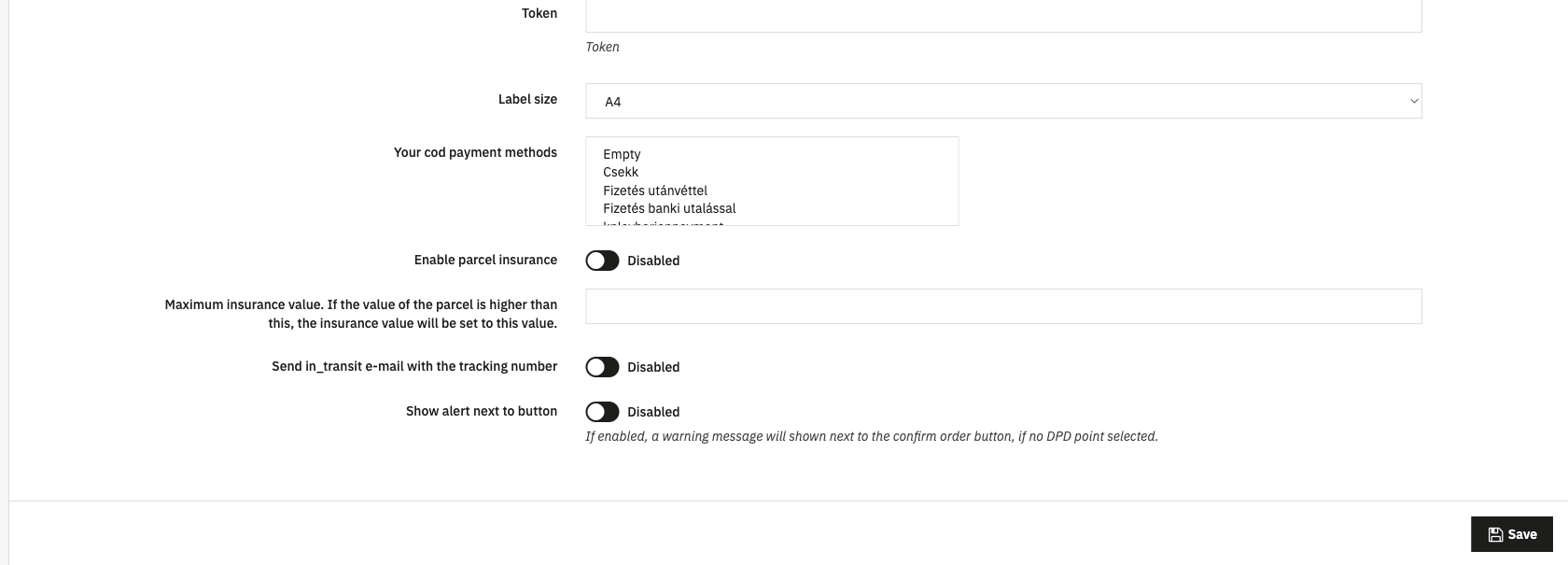 DPD module settings: label size, cash-on-delivery payment methods, parcel insurance and tracking e-mail