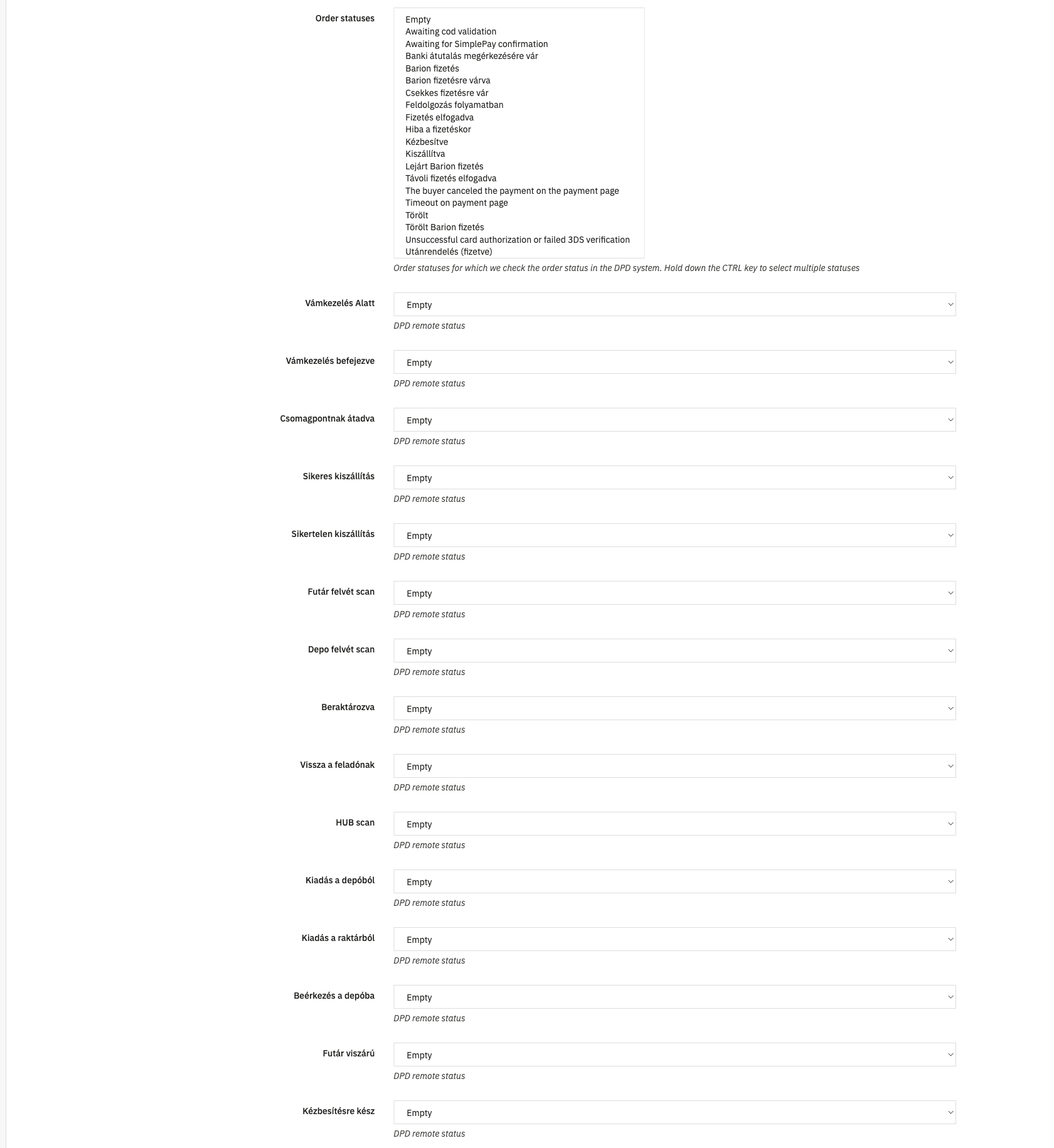Mapping DPD tracking events to PrestaShop order statuses in the module settings
