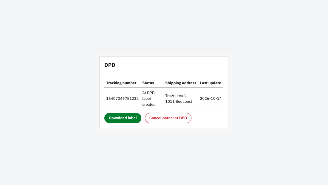 Le panneau DPD dans la commande : numéro de suivi, statut, adresse de livraison, téléchargement de l’étiquette et annulation