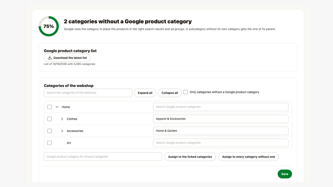 The Google product categories screen: the categories of the webshop with their Google product category