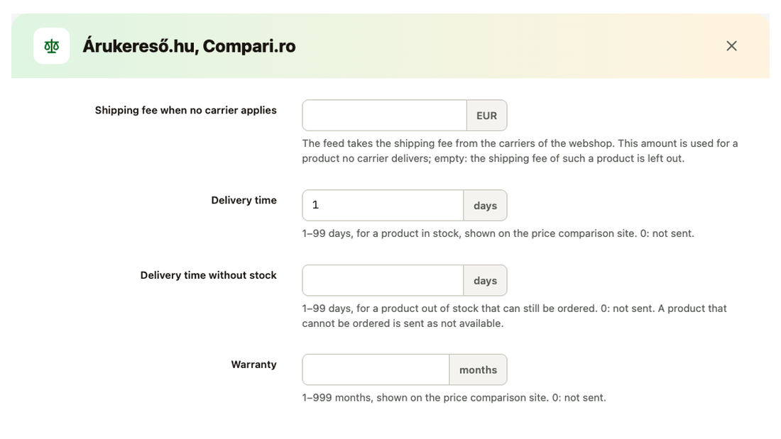 Settings of the Árukereső.hu, Compari.ro feed: shipping fee, delivery time in stock and out of stock, warranty