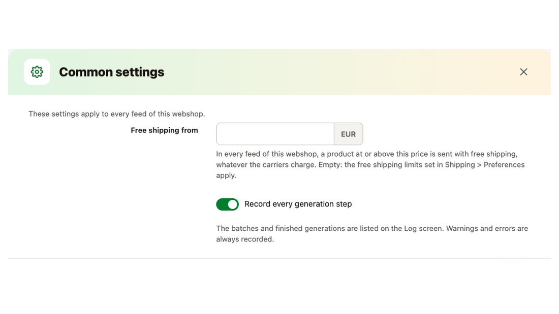 The Common settings dialog: free shipping threshold and logging of generation steps