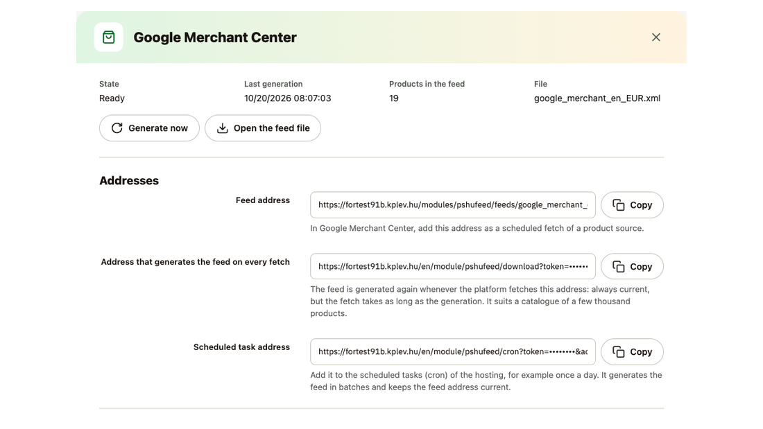 The Google Merchant Center feed dialog: state, generation, the feed address, the on-fetch and the scheduled address