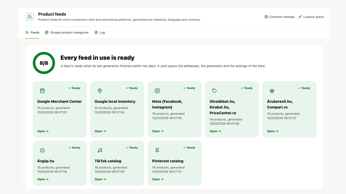 The Feeds screen: the cards of the eight feeds with state, product count and generation time