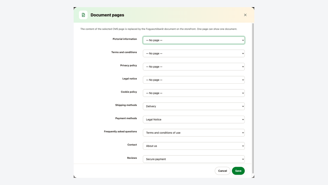 La fenêtre Pages des documents : une page CMS peut être choisie pour chacun des dix documents Fogyasztóbarát