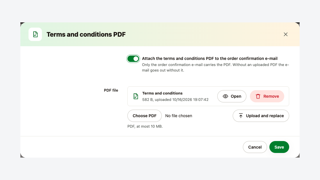 La fenêtre PDF des conditions générales de vente : pièce jointe de l’e-mail de confirmation de commande et envoi du PDF