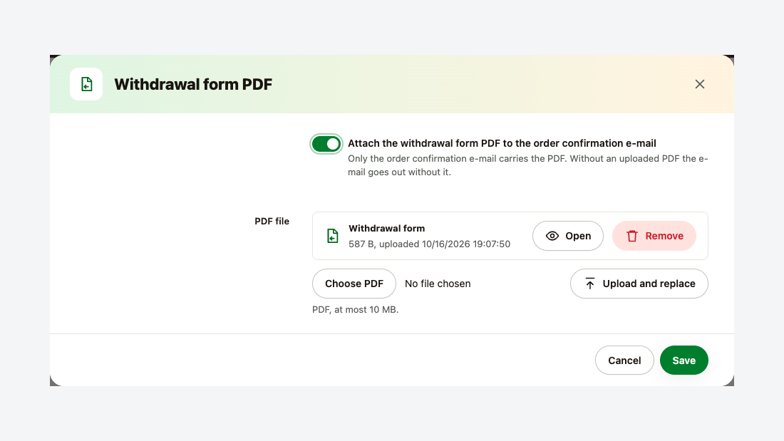 La fenêtre PDF du formulaire de rétractation : pièce jointe de l’e-mail de confirmation de commande et envoi du PDF
