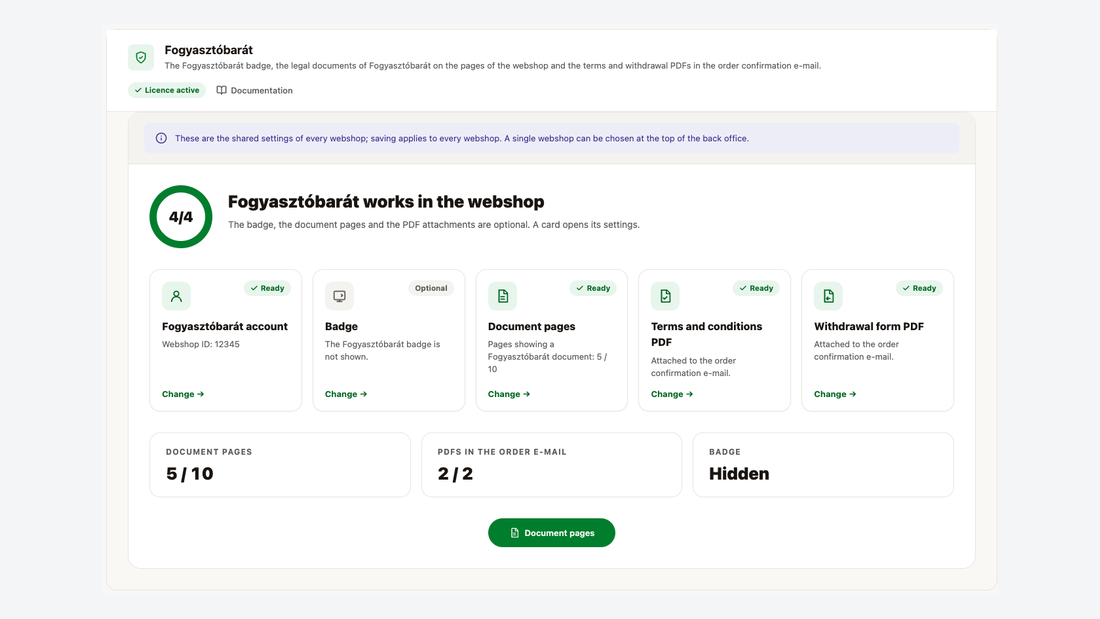 La vue d’ensemble du module : anneau de progression de la configuration et cinq cartes de réglages