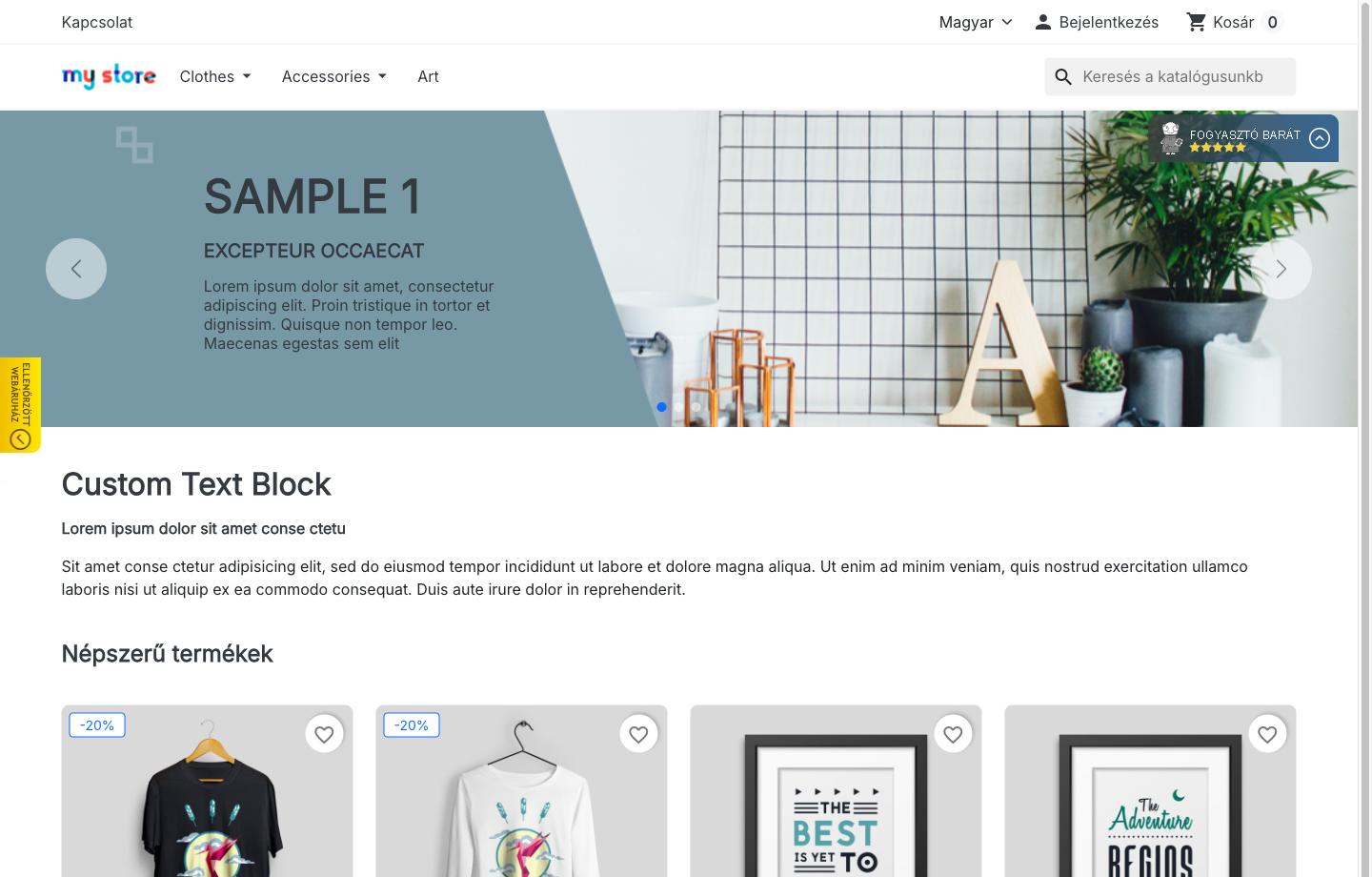 The Fogyasztóbarát trustmark on the shop home page: the floating rating badge in the top-right corner and the verified-webshop tab on the left edge