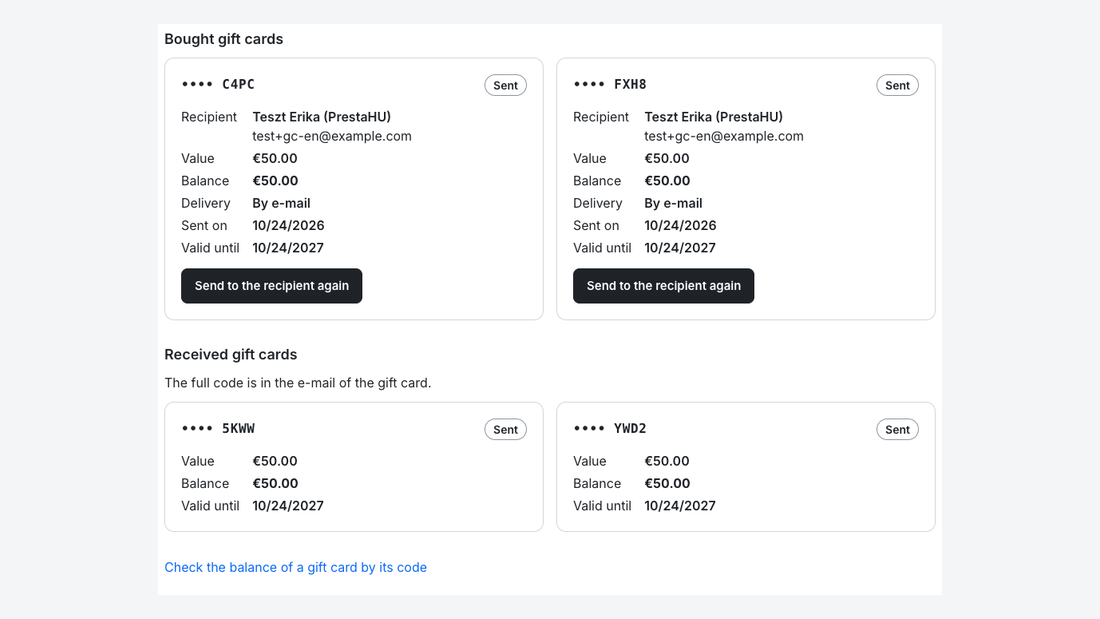 L’account del cliente con le carte regalo acquistate e ricevute, saldo e data di scadenza