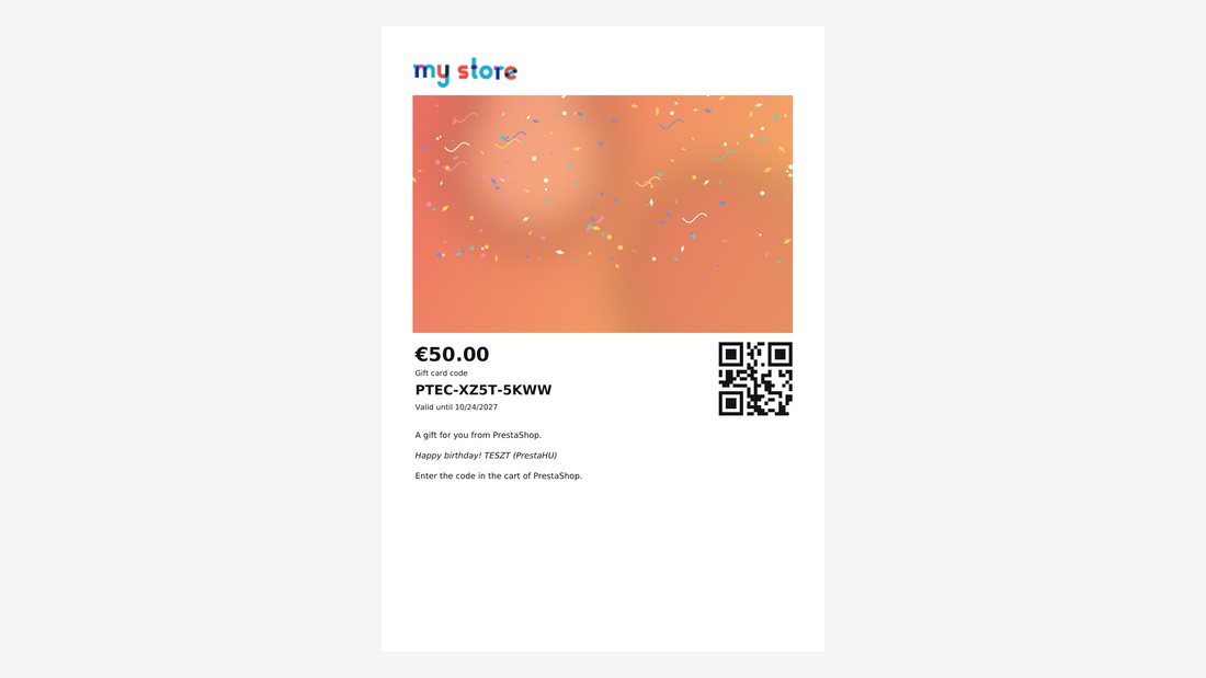 La carta da stampare con il design scelto, l’importo, il codice e un codice QR