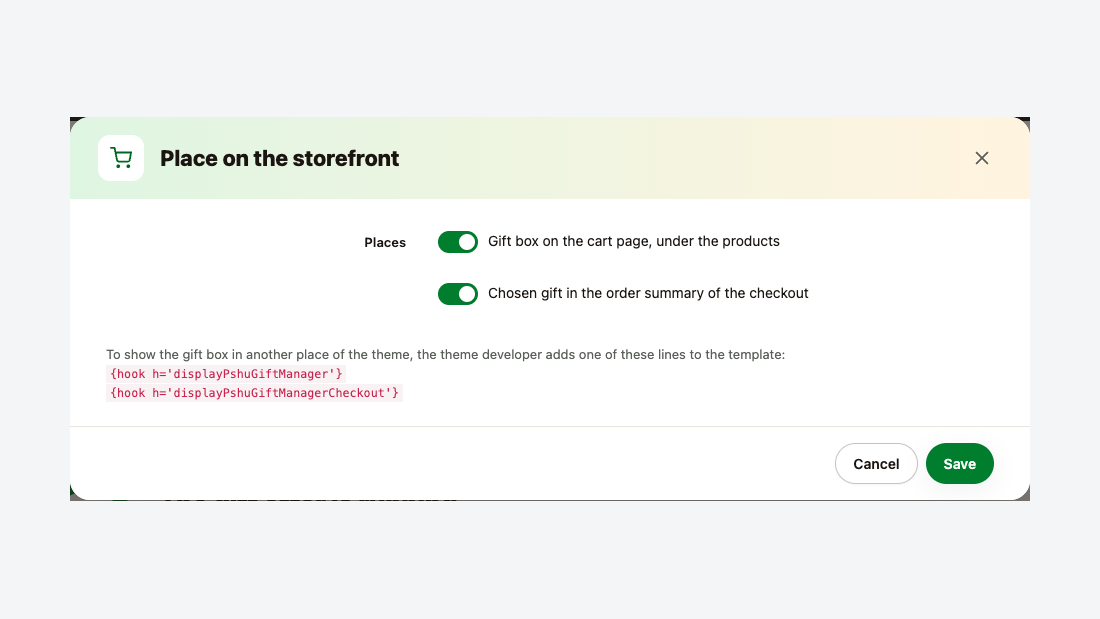 Where the gift box shows: cart page and checkout, per webshop