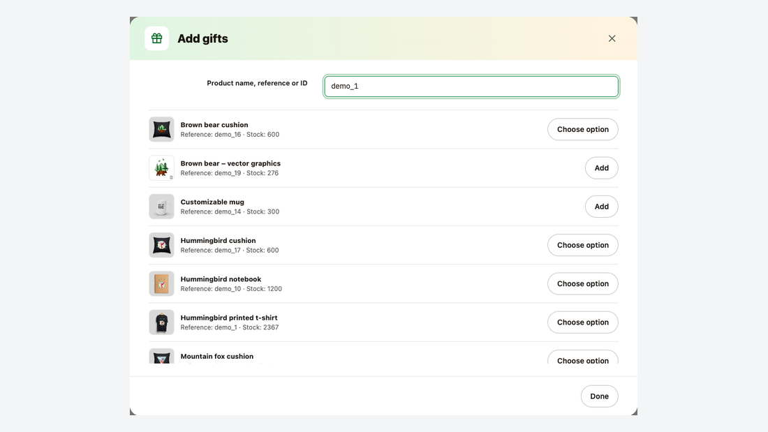 Adding gifts: search by product name, reference or ID