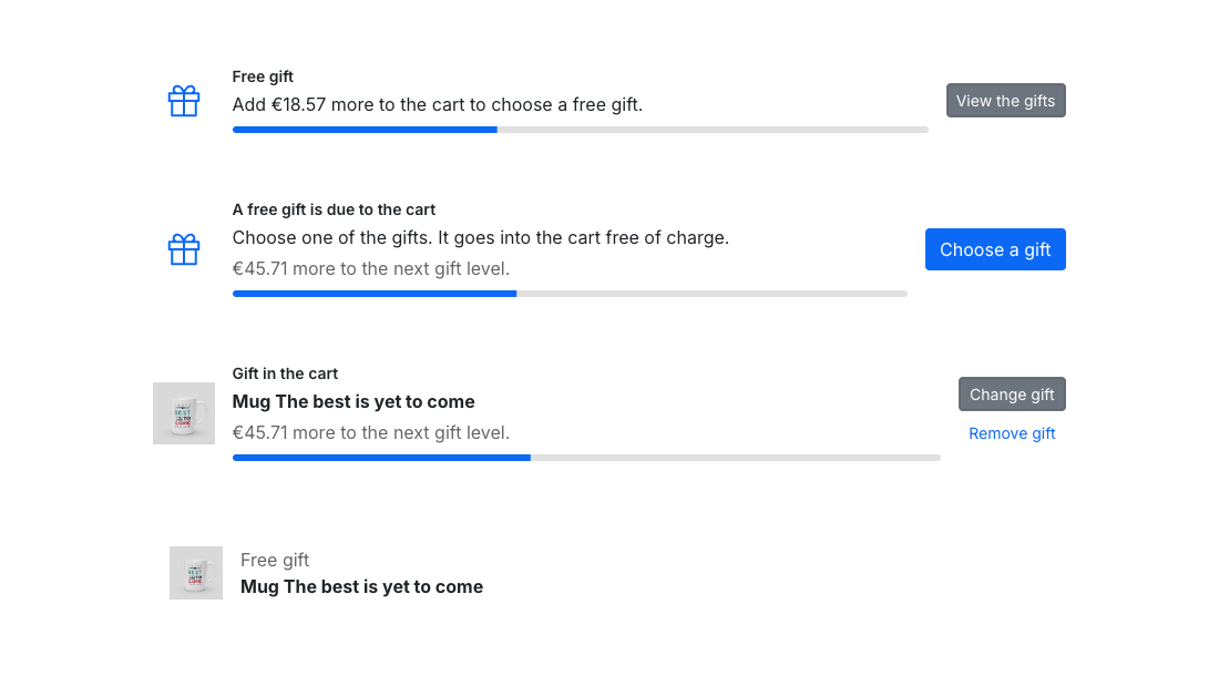 The gift box on the cart page: amount missing with a progress bar, gift to choose, gift in the cart and in the checkout summary