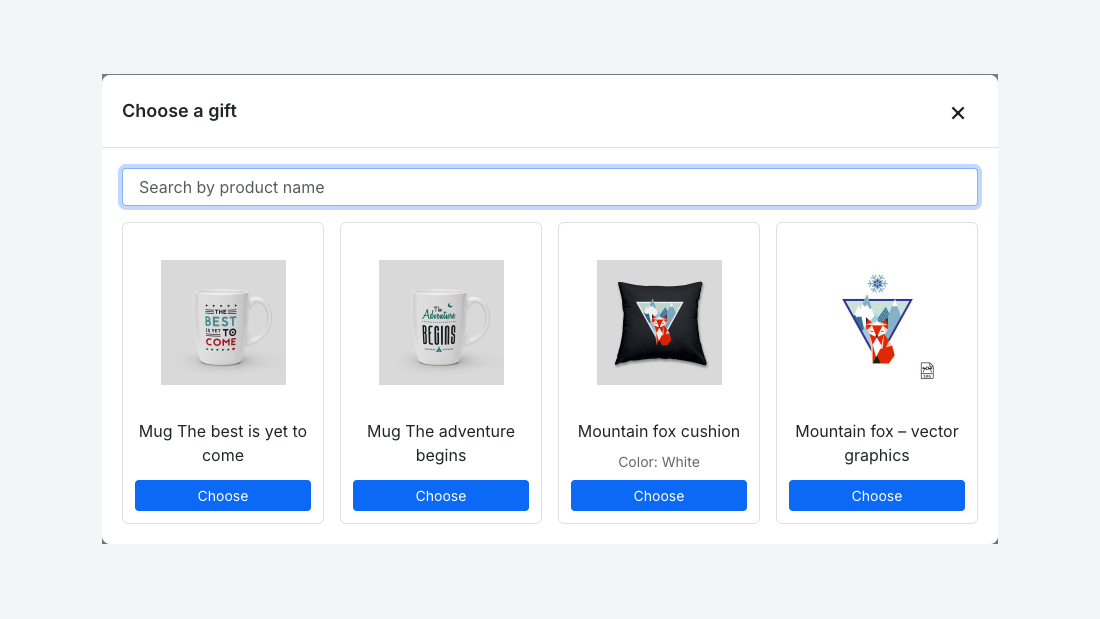 The gift picker window with the gifts of the level and a search field