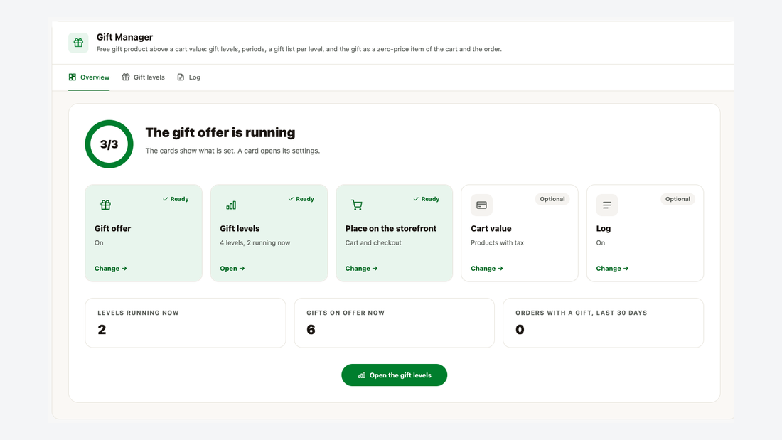 The overview page: settings on cards, running levels and orders with a gift