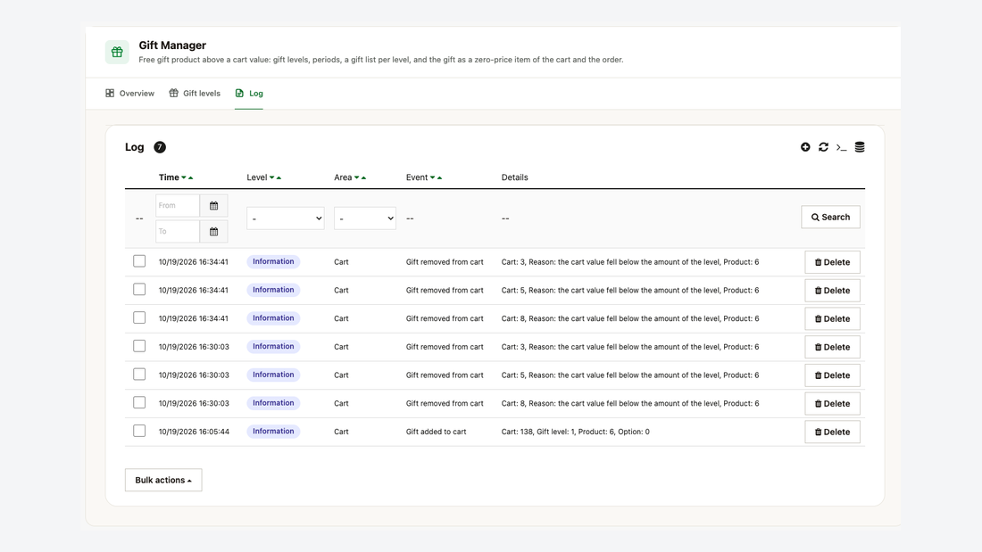 The log of chosen and removed gifts, per webshop