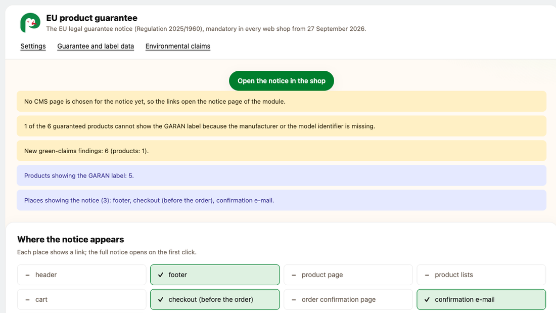 Overview: notices, the places showing the notice and the languages