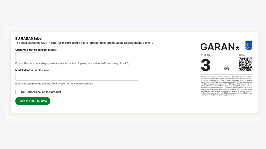Etichetta GARAN nell’editor del prodotto, con anteprima