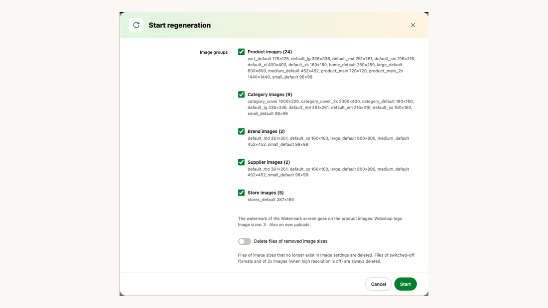Starting a regeneration: image groups with their image sizes and the switch for removed image sizes