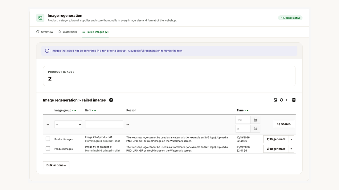 The Failed images list with the reason, a Regenerate button and bulk actions