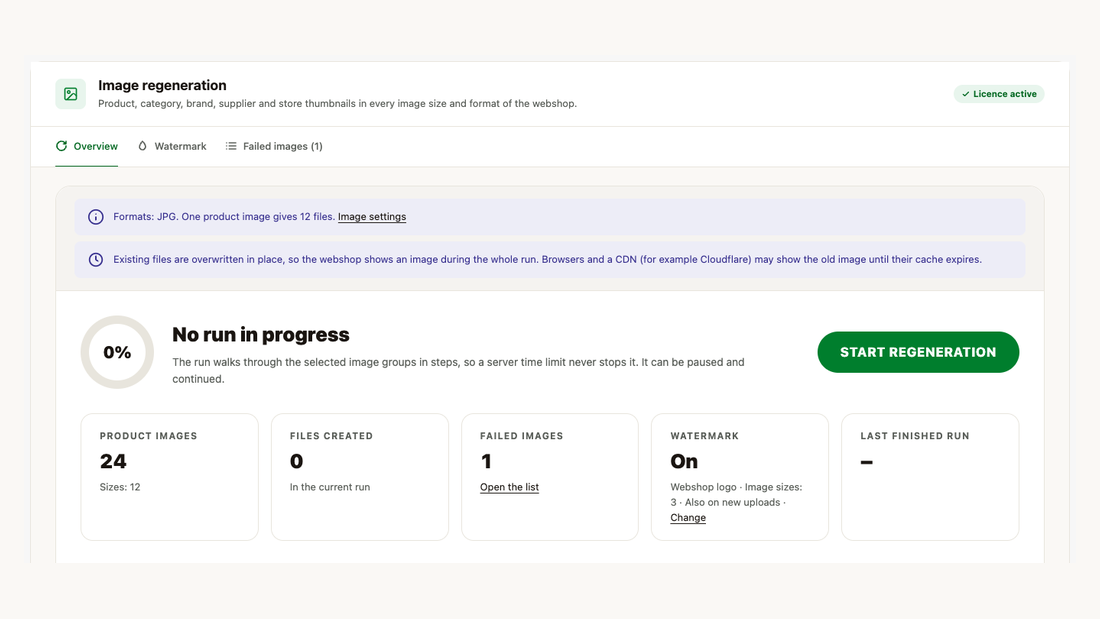 The Overview: state of the run, product images, files created, failed images and the watermark card