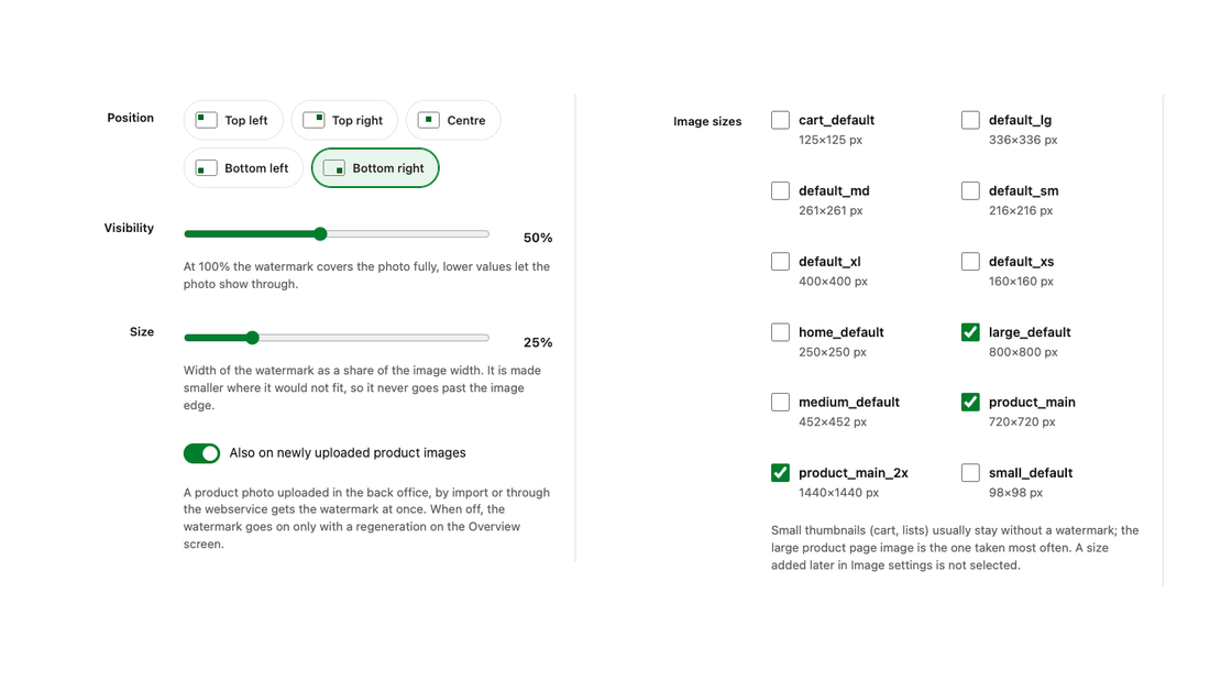 Watermark position, visibility, size, image sizes and the switch for new uploads