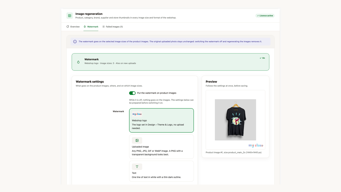 The Watermark screen: state, the watermark source (logo, uploaded image, text) and live preview