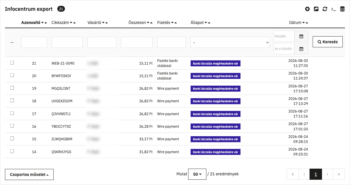 The Infocentrum export order list in the admin, with orders and the bulk export action