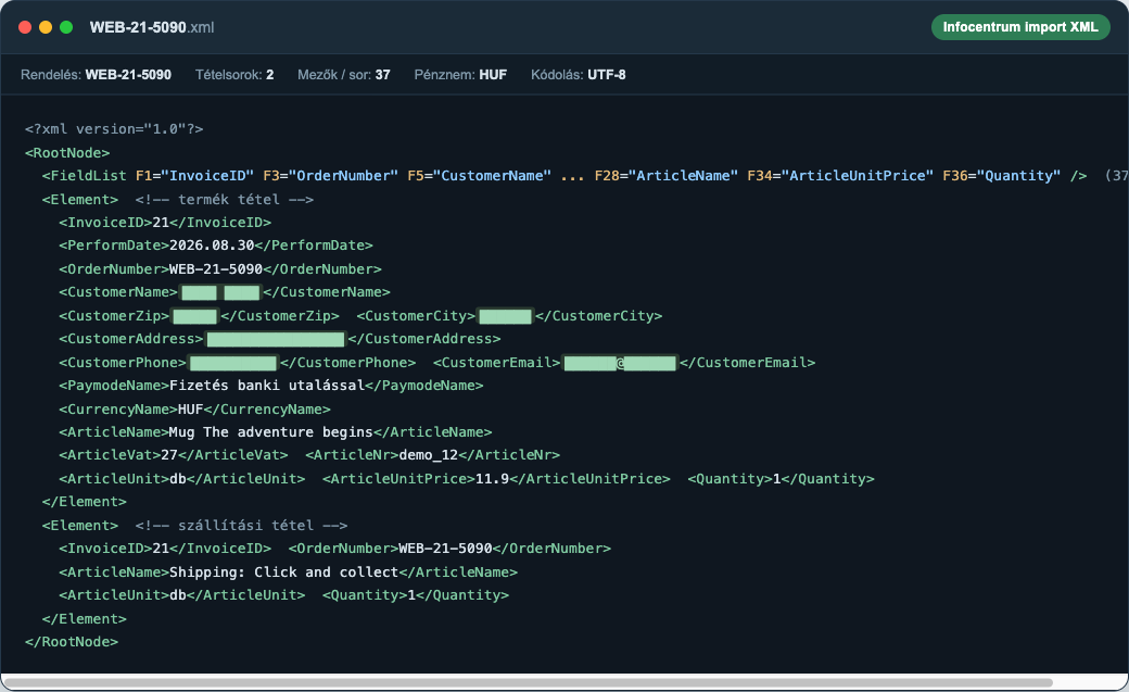 The generated Infocentrum import XML file with the order line items, personal data redacted