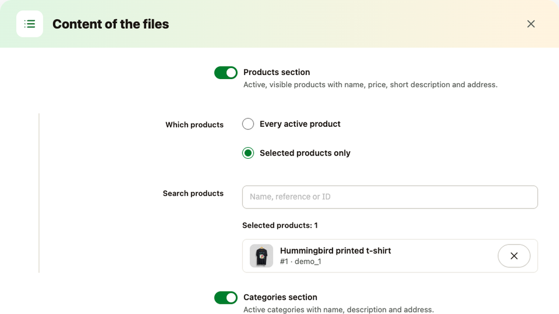 Contenuto dei file: sezioni e prodotti selezionati