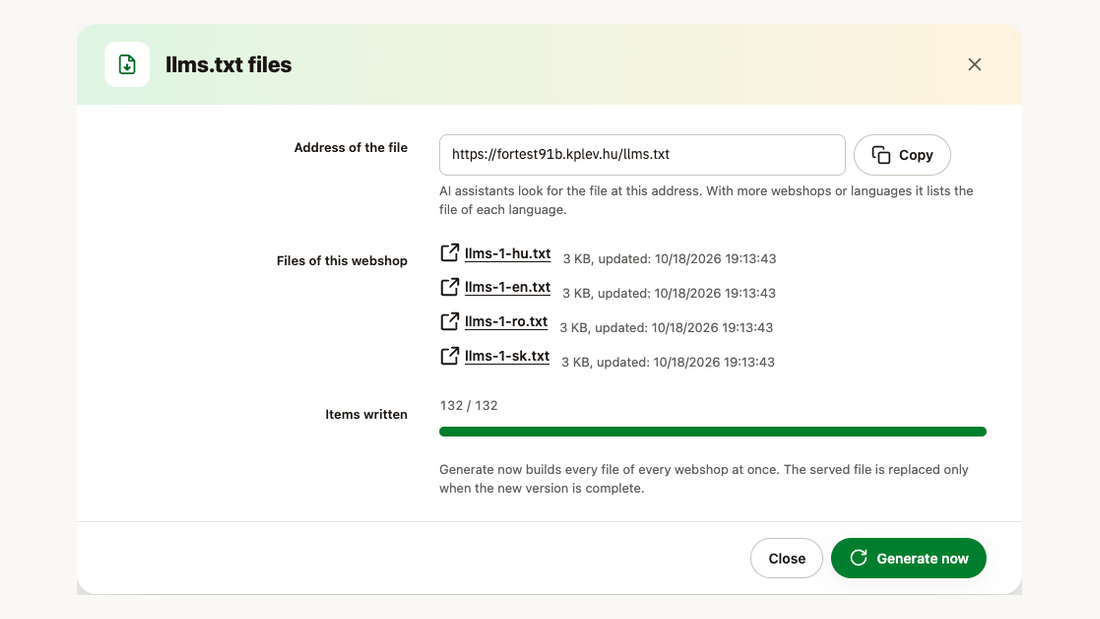 I file llms.txt pronti per ogni lingua, con l’avanzamento