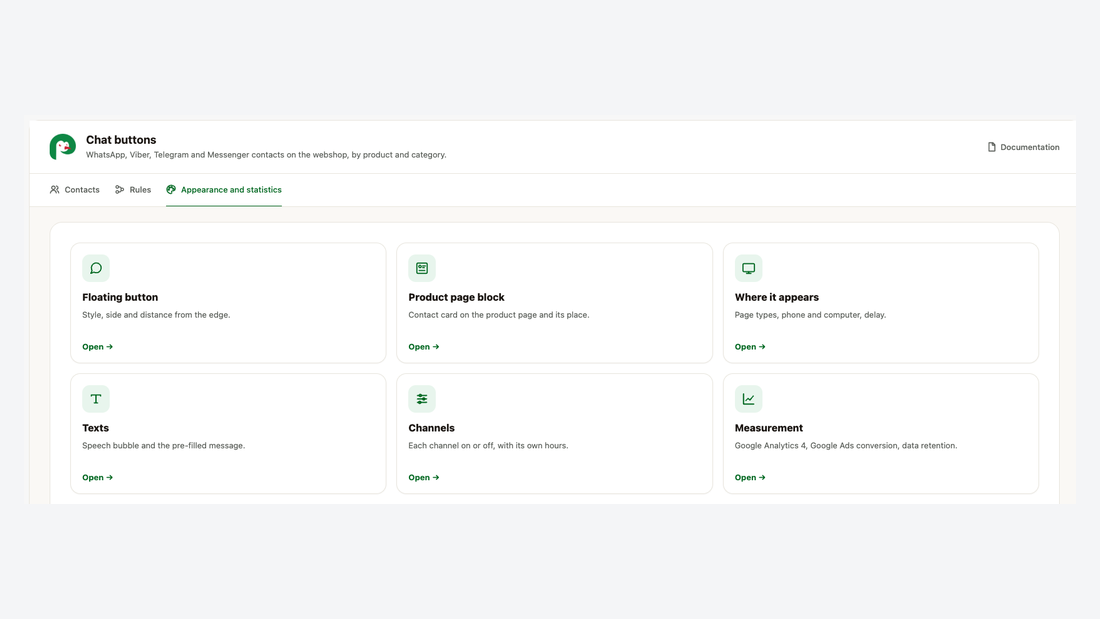 The Appearance screen: floating button, product page block, where it appears, texts, channels and measurement