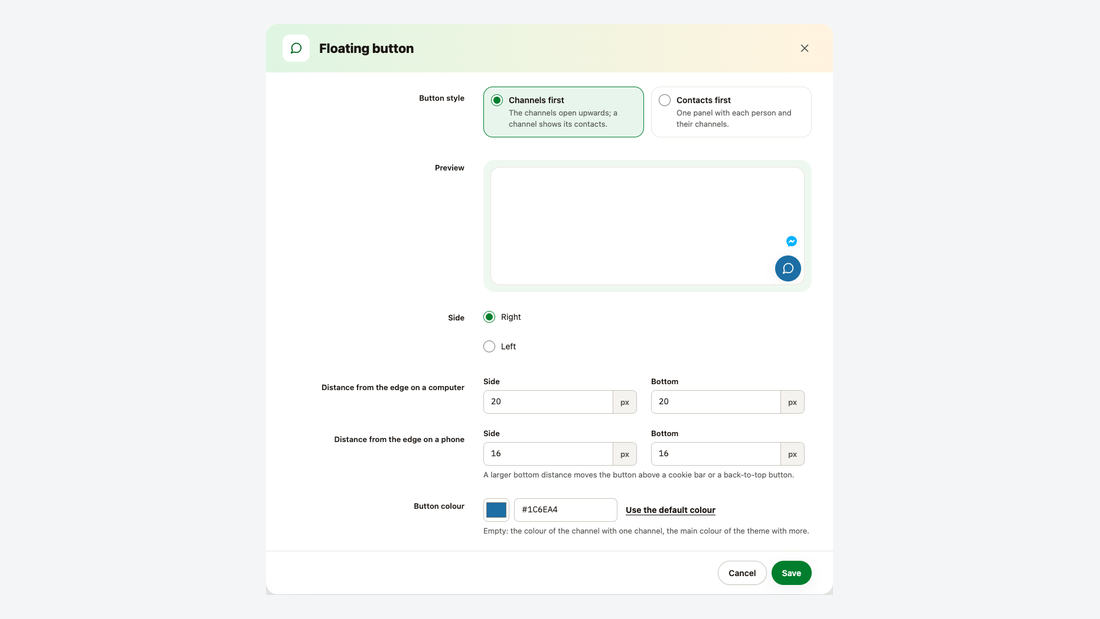 Floating button settings: style, preview, side, distance from the edge and colour