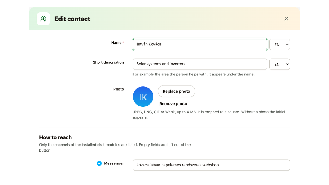 The contact dialog: name and short description per language, photo and the Facebook page the customer messages on Messenger