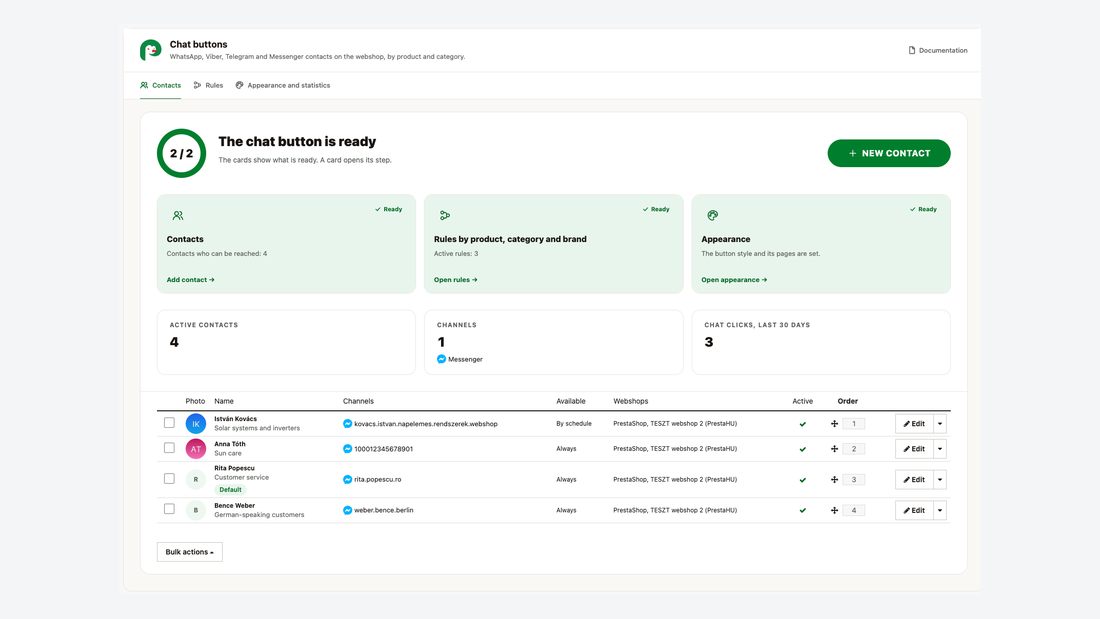The Contacts screen: setup status, number of clicks and the list of contacts