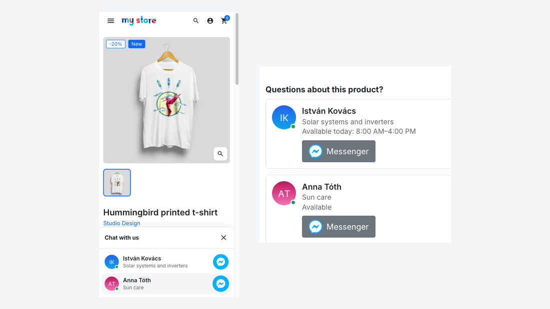 On a phone: the chat panel and the product-page contact cards