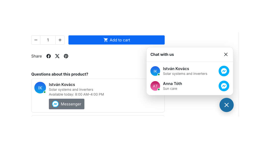Product page with the open chat panel and the contact card showing today's hours