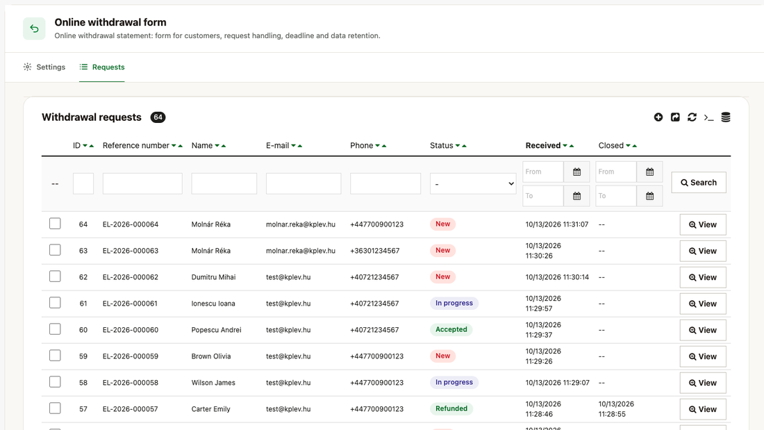 Liste des demandes de rétractation dans le back-office
