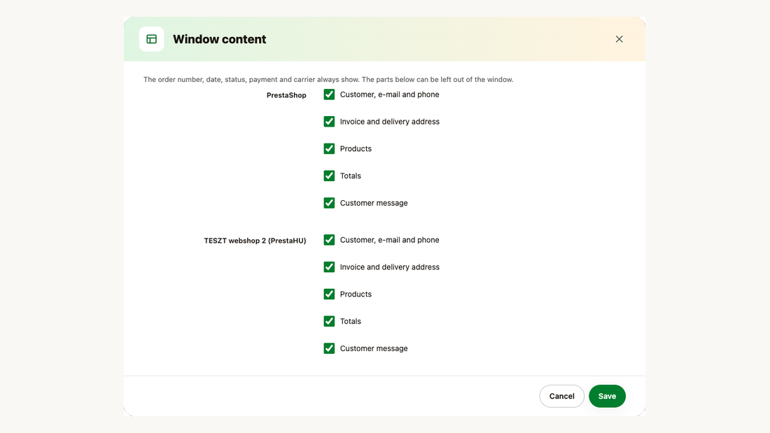 Window content: parts that can be left out, per webshop