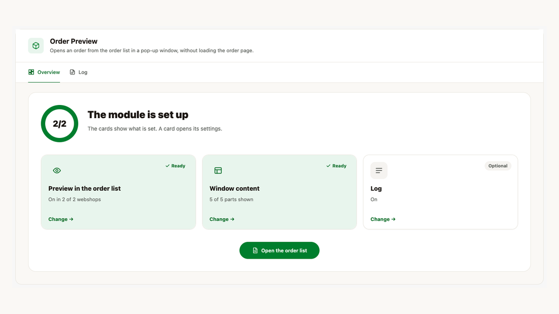 The overview page: completed settings on cards and the Open order list button