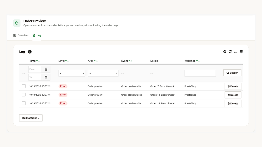 The log with order preview errors, per webshop