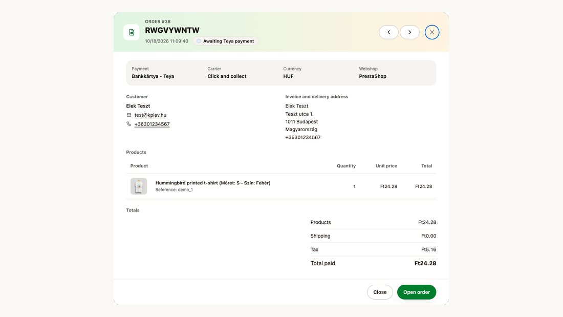 The order preview window: customer, address, products and totals, with arrows to the next order