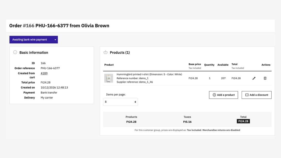 Une page de commande dans le back-office avec la référence formatée dans l’en-tête et les informations principales