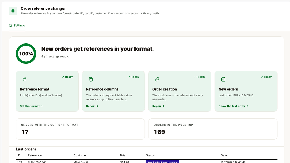 La vue d’ensemble du module : les quatre cartes de configuration terminées, le nombre de commandes au nouveau format et les dernières commandes