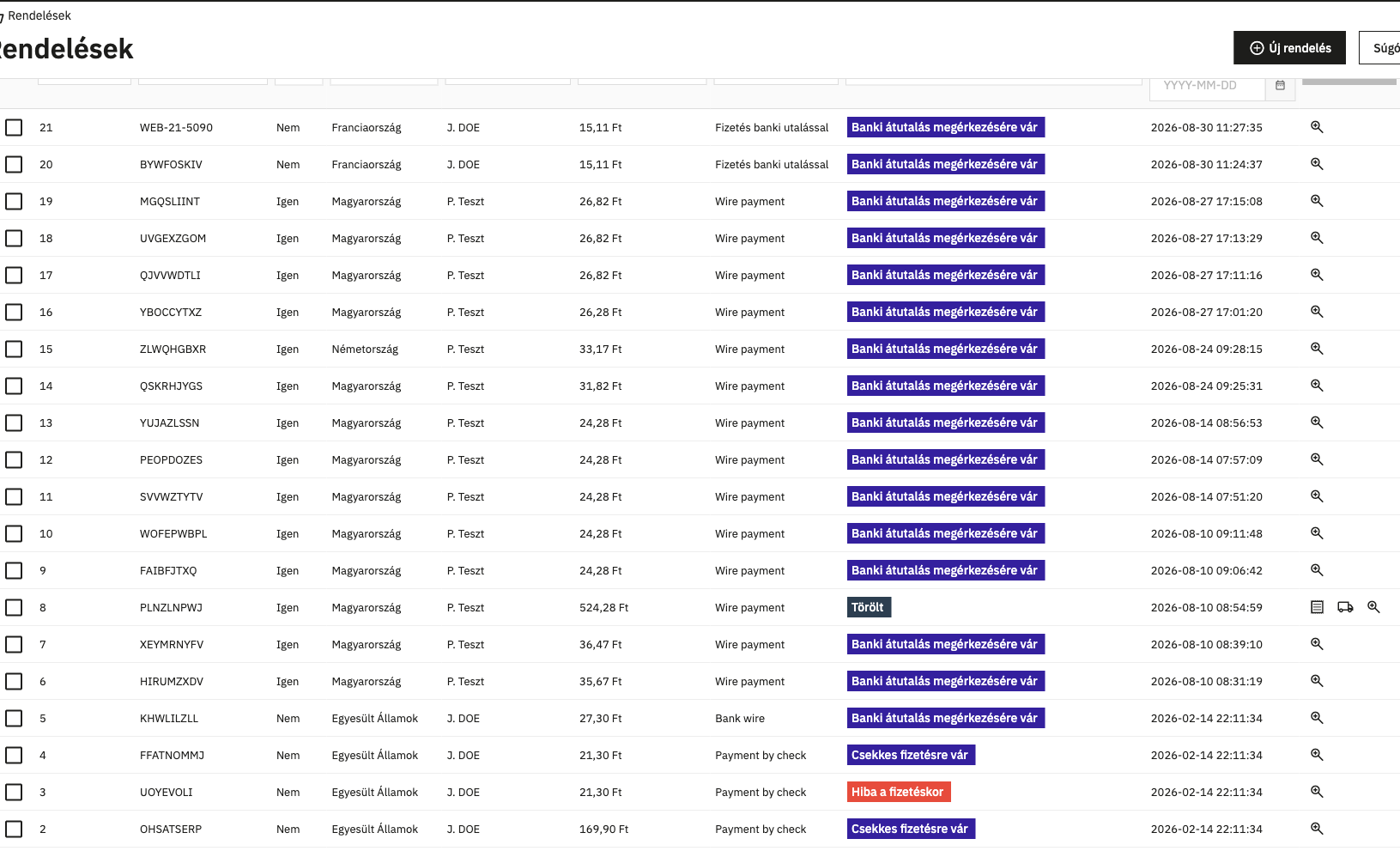 The orders list in the admin: the newest order with the pattern-based WEB-21-5090 reference, the earlier ones with the old random code