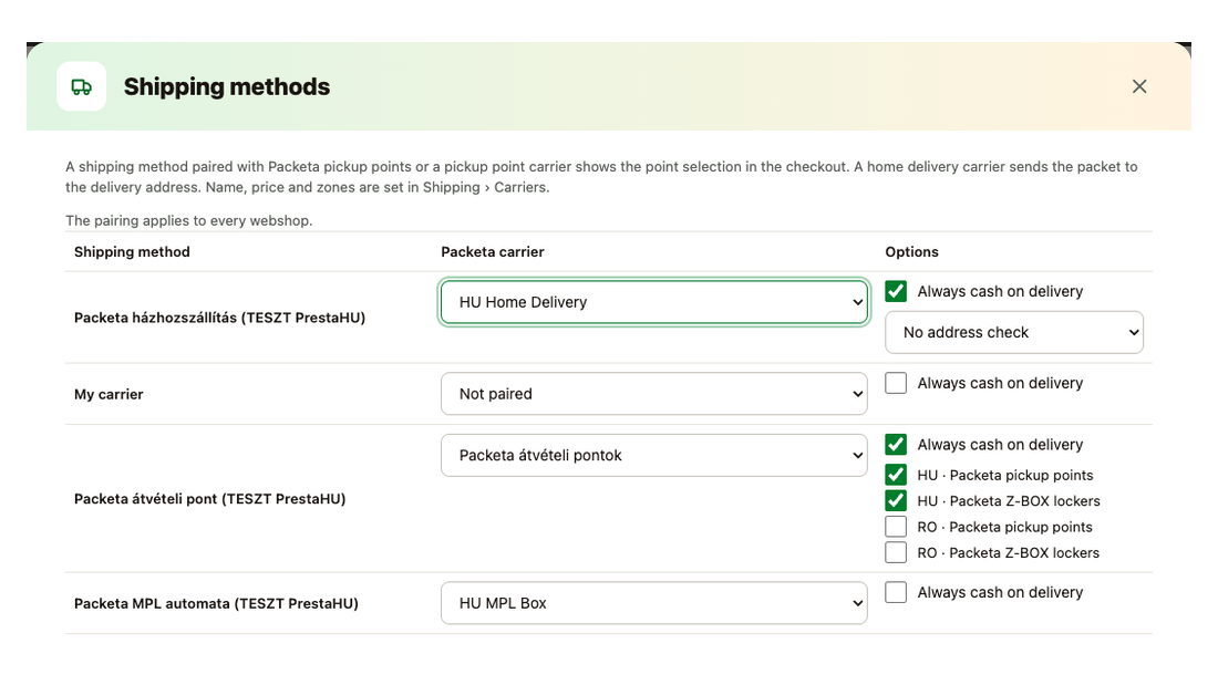 Shipping methods dialog: shipping methods of the webshop paired with a Packeta carrier, cash on delivery, address check and the kinds of points offered